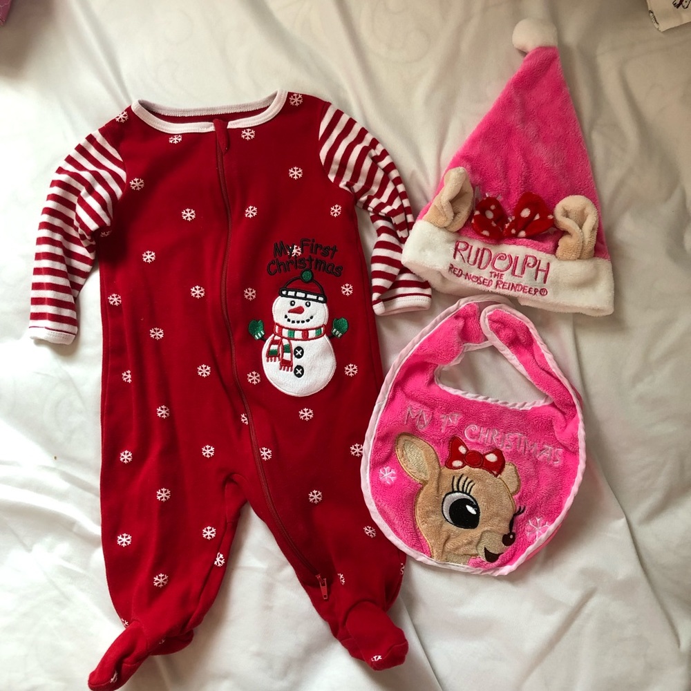 My first Christmas bundle footie, hat, bib 3-6 mo
